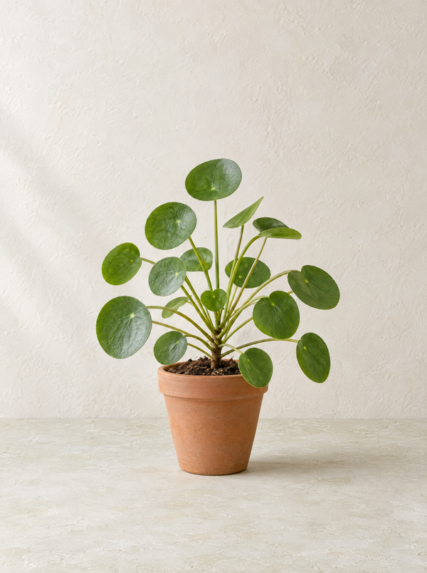 Chinese money plant in a plain terracotta pot
