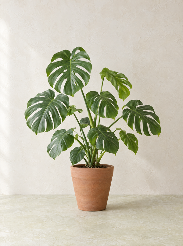 Monstera deliciosa in a plain terracotta pot