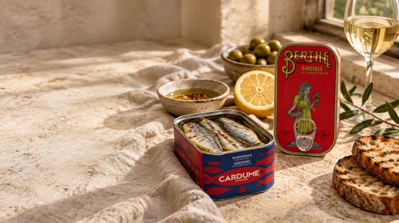 Sardine tins, olives, lemon and grilled sourdough in warm sunlight